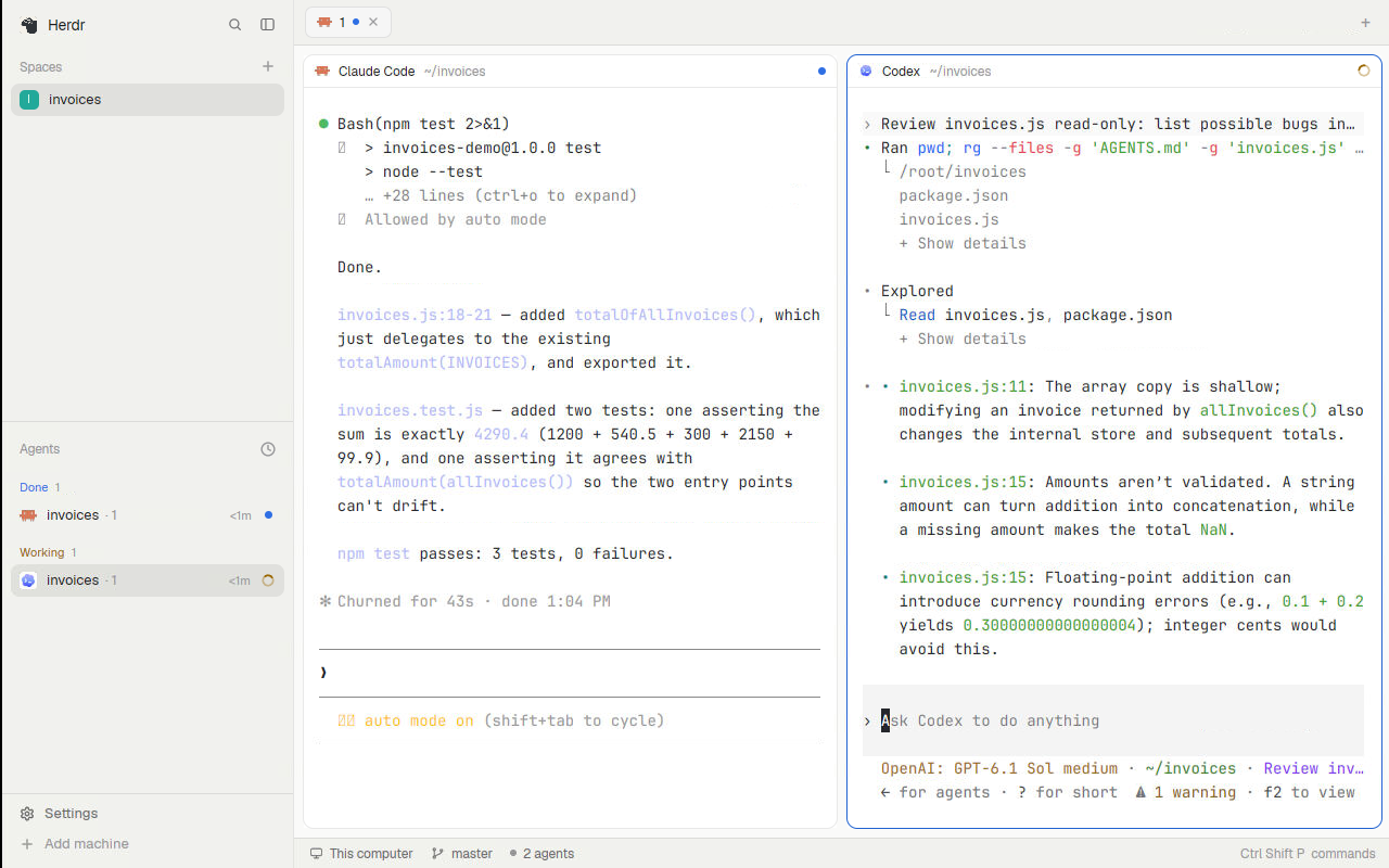 Herdr: в левой панели Claude Code закончил задачу, в правой Codex делает ревью; в сайдбаре Agents группы Done и Working, в строке статуса Codex — OpenAI: GPT-6.1 Sol