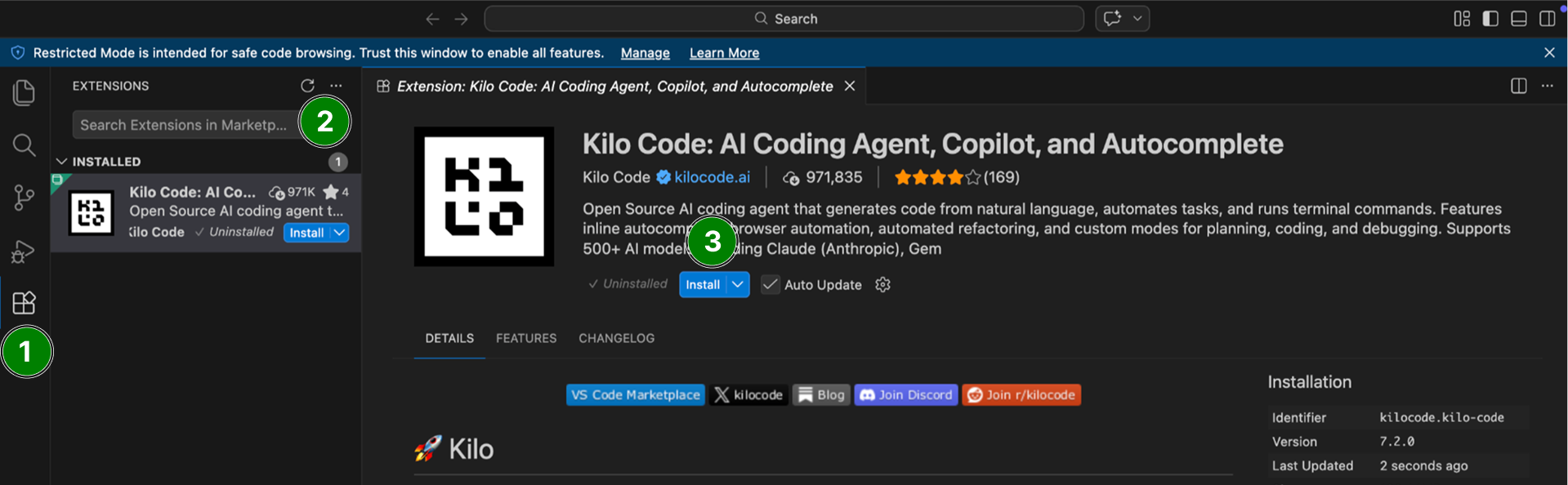 Страница с установкой расширения Kilo Code в в Visual Studio Code
