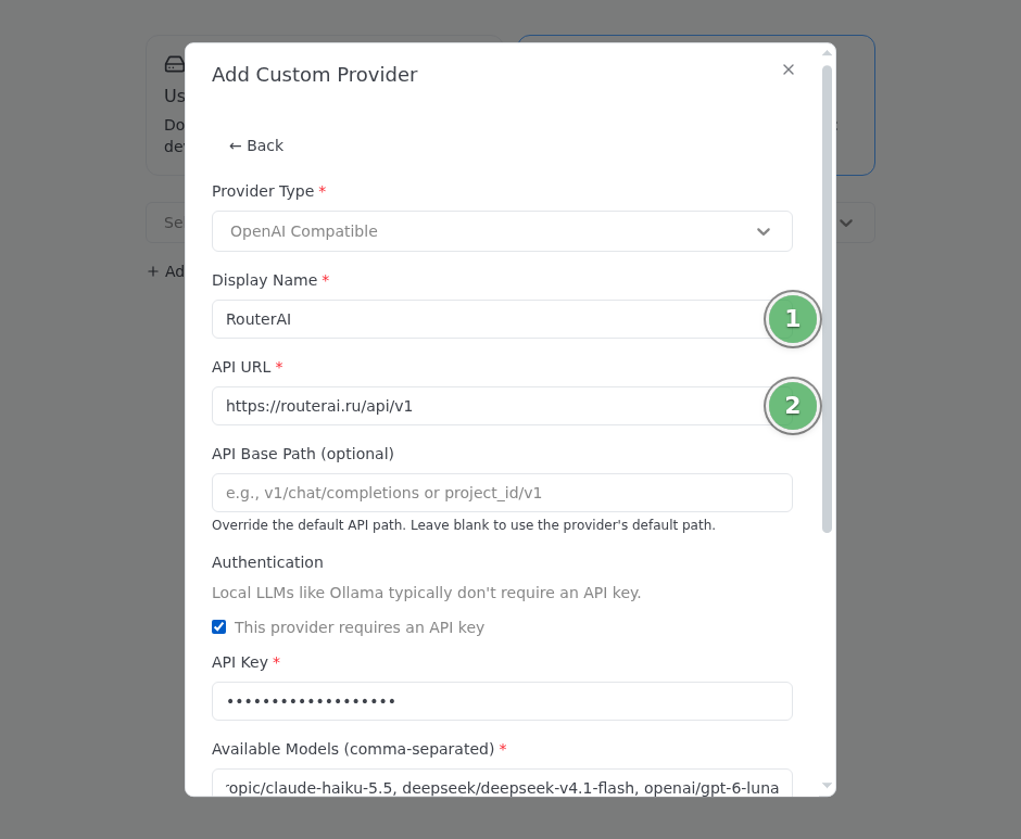 Goose Desktop: форма Add Custom Provider, поля Display Name и API URL