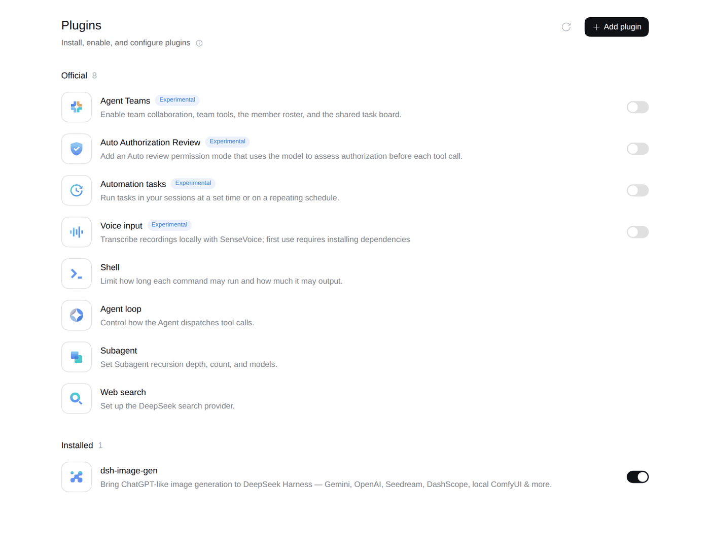 Страница Plugins: восемь официальных плагинов и раздел Installed с одним плагином dsh-image-gen, тумблер включён