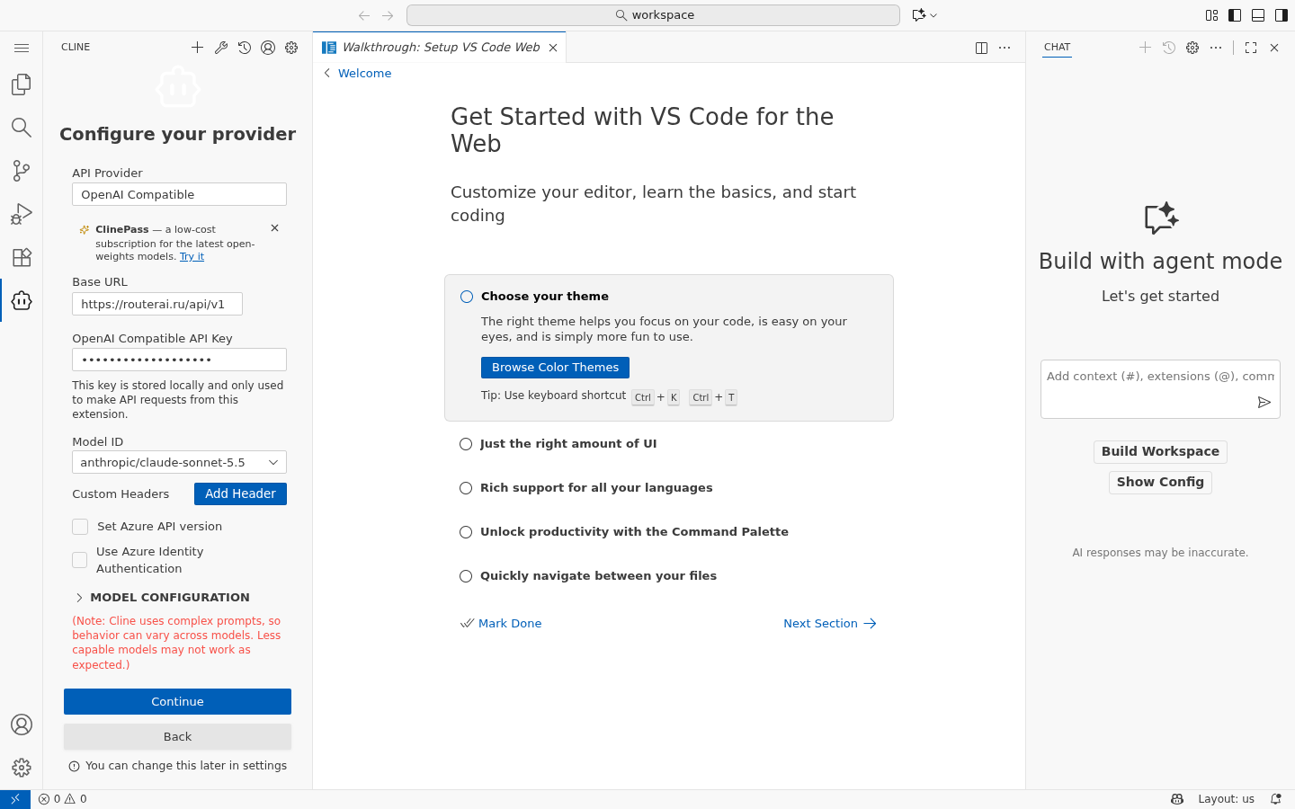 Экран Configure your provider в Cline: API Provider OpenAI Compatible, поля Base URL, API Key и Model ID