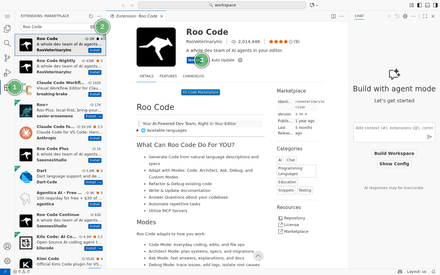 Установка расширения Roo Code в VS Code Marketplace для подключения AI