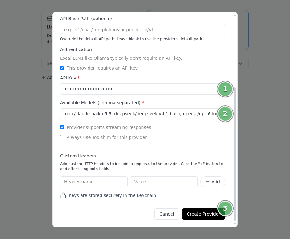 Goose Desktop: поля API Key, Available Models и кнопка Create Provider