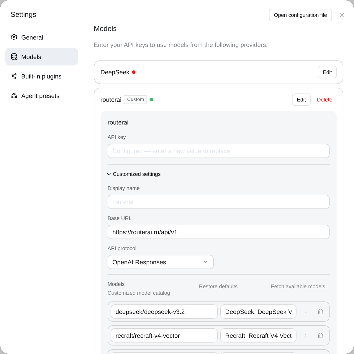 Карточка провайдера routerai в режиме редактирования: поле API key с надписью Configured, раскрытые Customized settings с Base URL https://routerai.ru/api/v1, протоколом OpenAI Responses и списком моделей