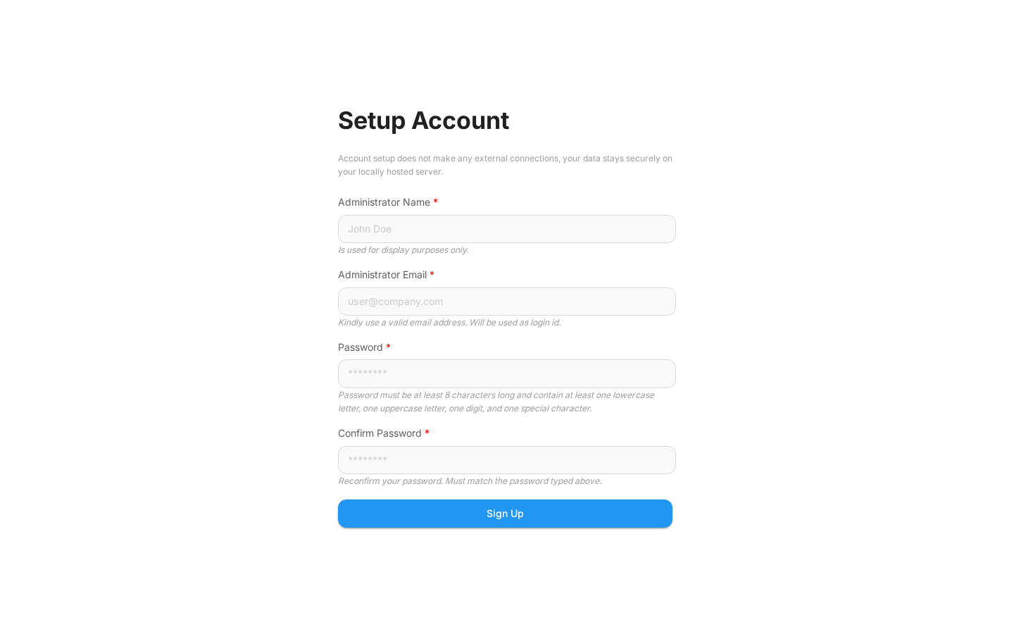 Форма Setup Account во Flowise 3.1.4 при первом запуске: имя администратора, email, пароль и подтверждение пароля