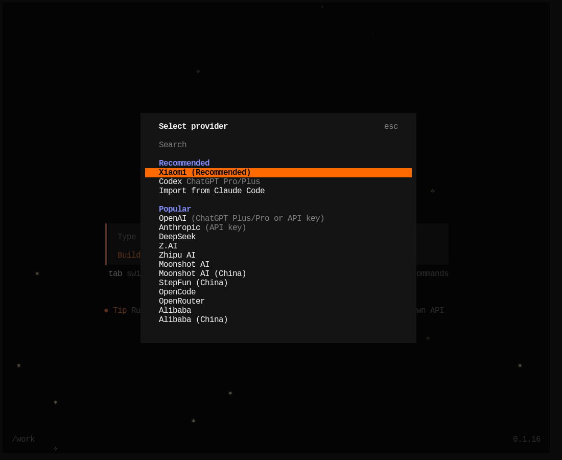 Команда /login: список провайдеров Select provider — Xiaomi, Codex, Import from Claude Code, OpenAI, Anthropic и другие