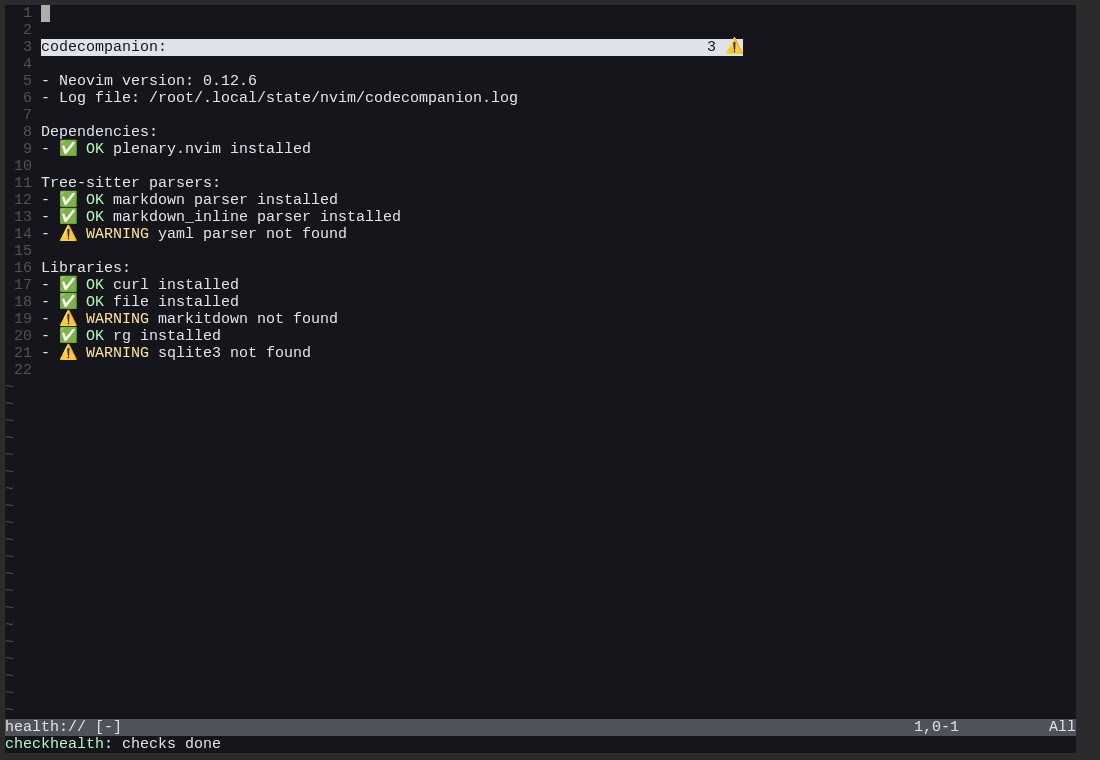 Результат :checkhealth codecompanion: версия Neovim 0.12.6, plenary.nvim и curl найдены, предупреждения по необязательным yaml parser, markitdown и sqlite3