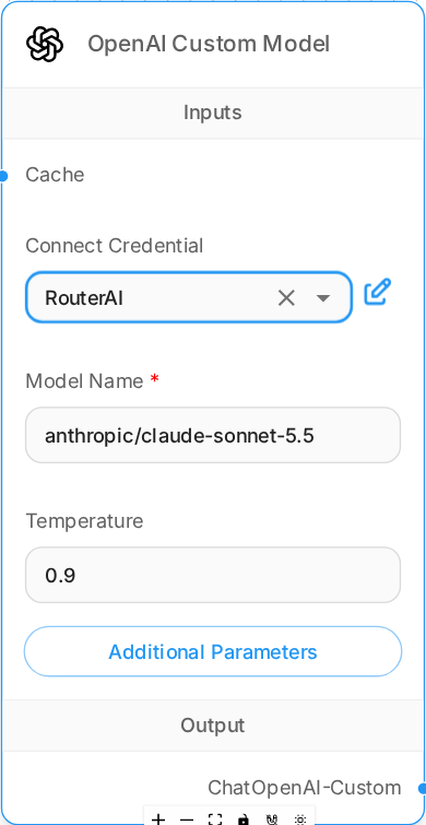 Узел OpenAI Custom Model во Flowise: в Connect Credential выбран credential RouterAI, в Model Name — id модели