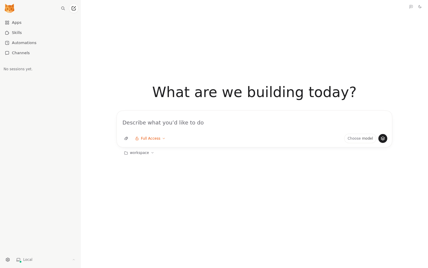 Первый запуск nanobot WebUI: приветствие «What are we building today?», поле ввода, кнопка Choose model и значок настроек слева внизу