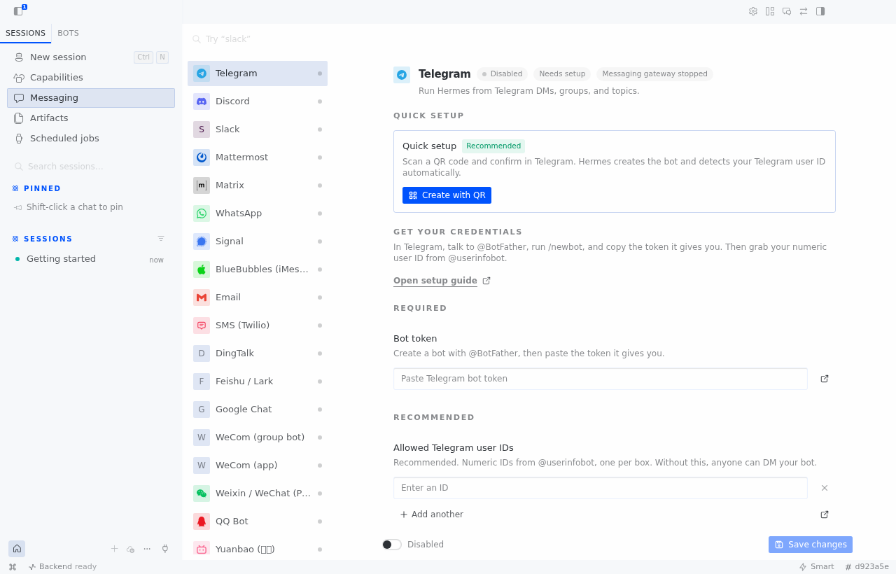 Hermes Desktop: Messaging → Telegram, блок Quick setup с кнопкой Create with QR