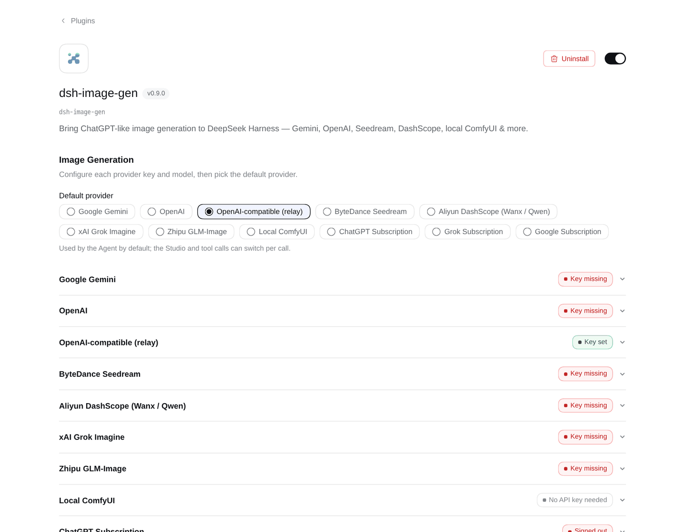 Страница плагина dsh-image-gen: переключатель Default provider с выбранным OpenAI-compatible (relay), ниже список провайдеров со статусами Key missing и Key set