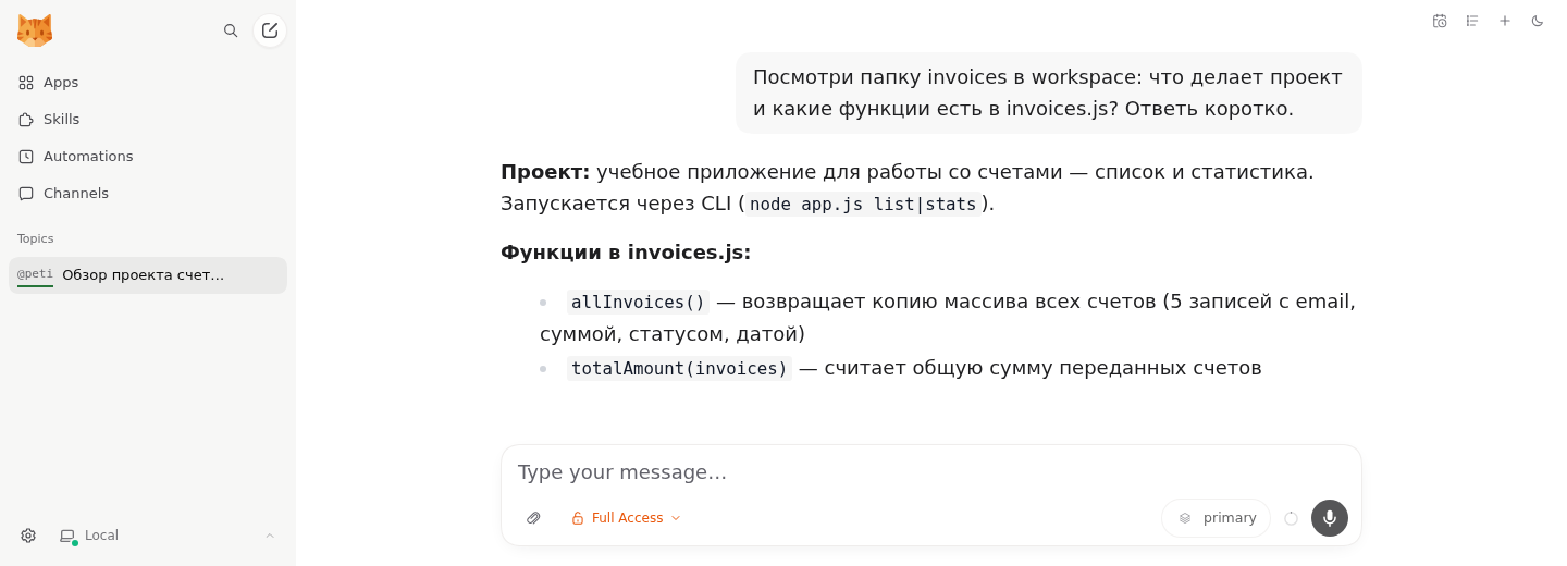 Чат в nanobot WebUI: вопрос про папку invoices, ответ агента про функции allInvoices и totalAmount, в поле ввода выбран пресет primary