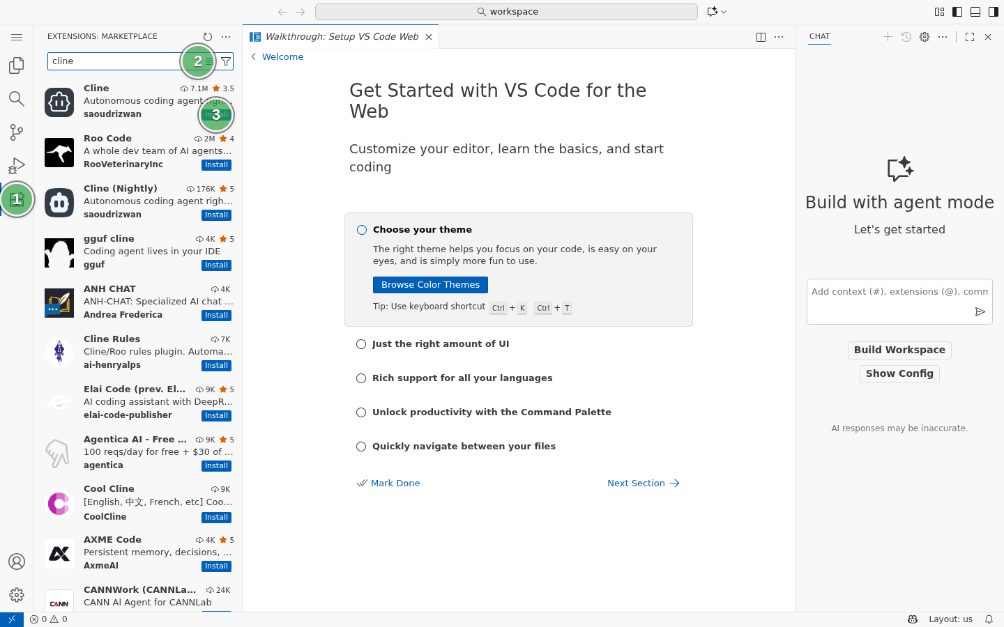 Установка расширения Cline в VS Code Marketplace для подключения AI