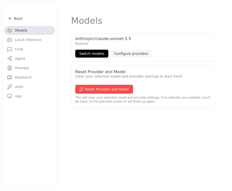 Goose Desktop: Settings, вкладка Models с провайдером RouterAI и кнопками Switch models и Configure providers