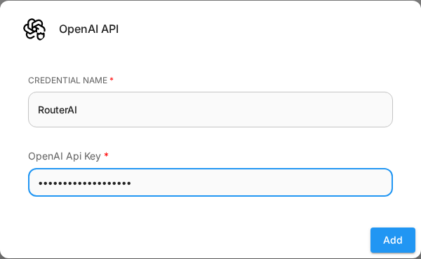 Окно создания credential «OpenAI API» во Flowise: поля Credential Name и OpenAI Api Key с заглушкой