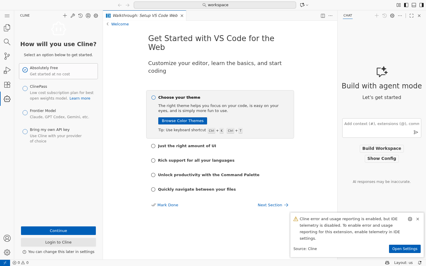 Приветственный экран Cline «How will you use Cline?»: вариант Bring my own API key