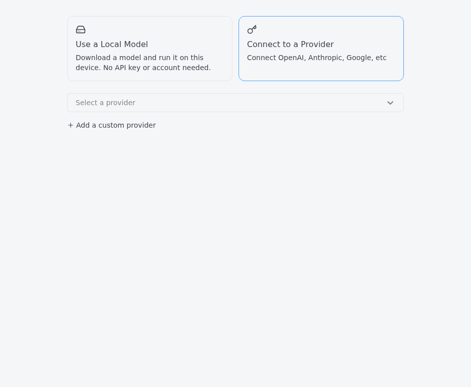 Goose Desktop: выбор Connect to a Provider и пункт Add a custom provider