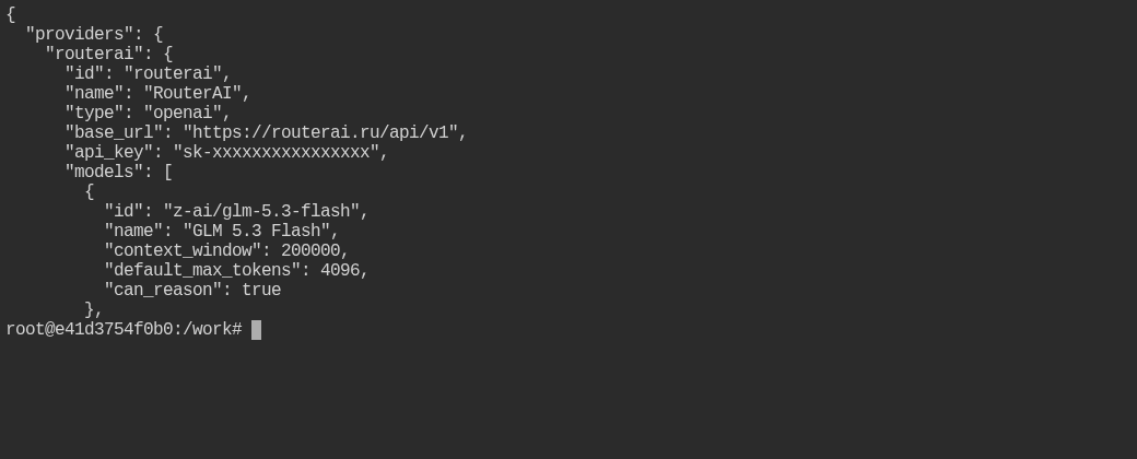 Конфиг Crush (~/.config/crush/crush.json): провайдер RouterAI — type openai, base_url https://routerai.ru/api/v1, api_key-заглушка и первая модель z-ai/glm-5.3-flash