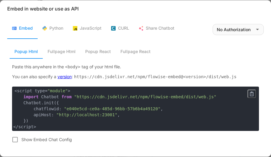 Окно Embed во Flowise: скрипт виджета Popup Html, который вставляют в страницу сайта