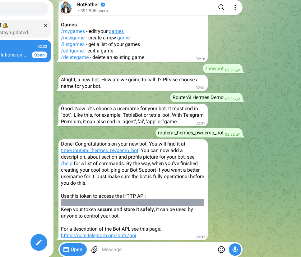 Диалог с BotFather: /newbot, имя, username и ответ с токеном (замазан)