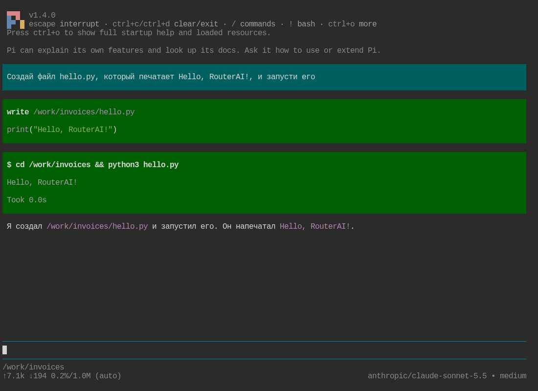 Сессия Pi с моделью RouterAI в футере: задача про hello.py, вызовы write и bash и результат Hello, RouterAI!