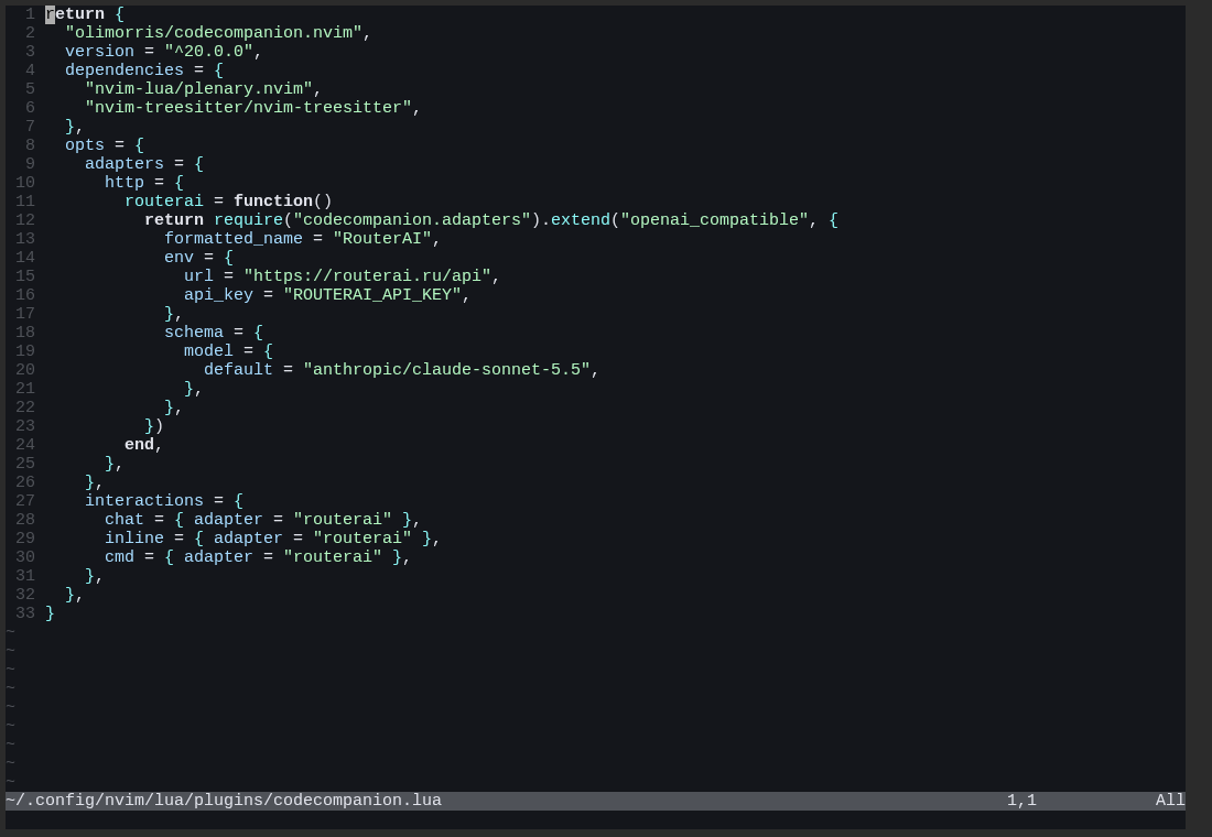 Конфиг адаптера routerai для CodeCompanion в Neovim: url, api_key как имя переменной окружения и модель по умолчанию