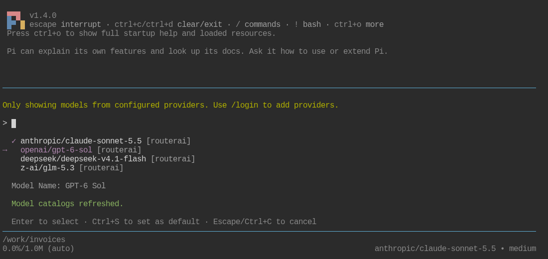 Окно /model в Pi: провайдер routerai и модели Claude Sonnet 5.5, GPT-6 Sol, DeepSeek V4.1 Flash, GLM 5.3