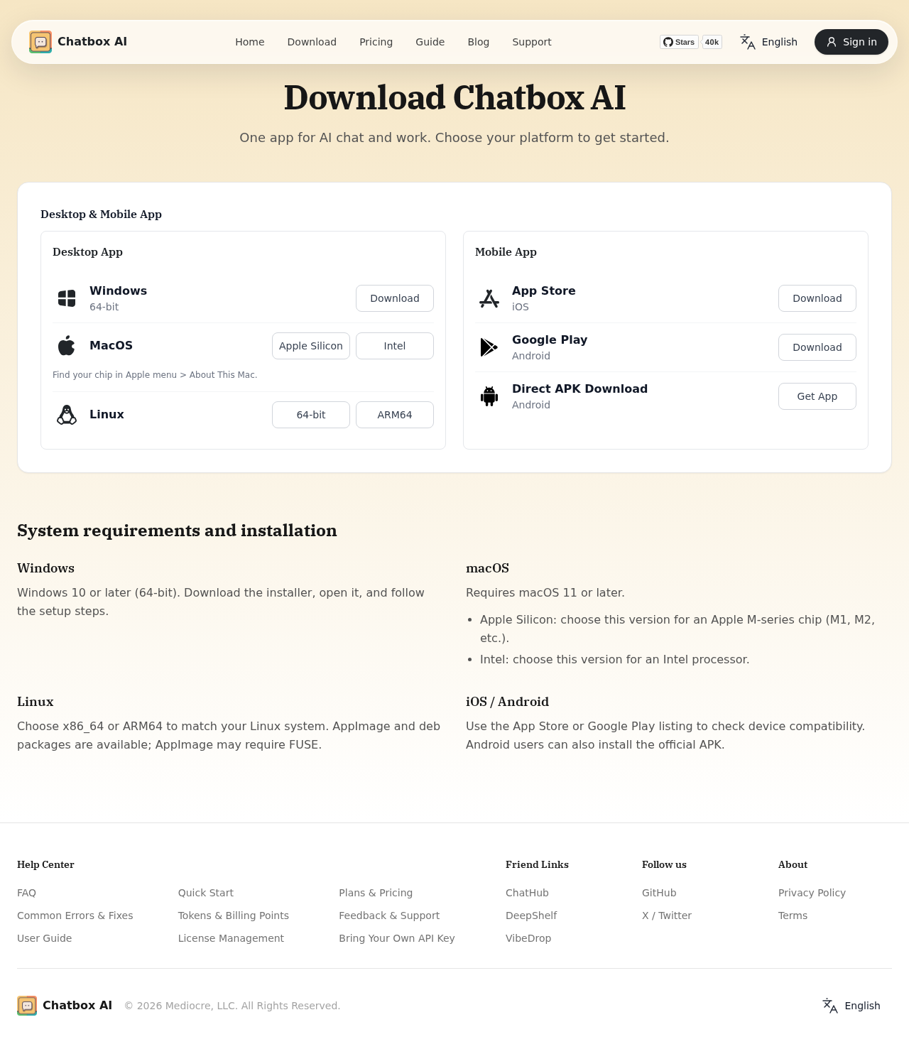 Страница загрузки Chatbox AI: версии для Windows, macOS, Linux, iOS и Android