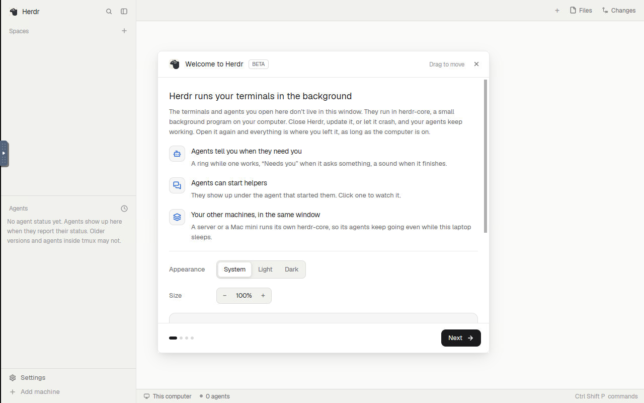 Первый запуск Herdr на Linux: диалог Welcome to Herdr с меткой BETA, слева сайдбар Spaces и Agents, внизу «This computer»