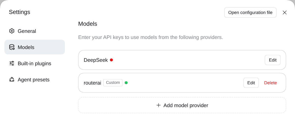 Вкладка Models в настройках: карточка DeepSeek без ключа, карточка routerai с пометкой Custom и зелёной точкой, кнопка Add model provider
