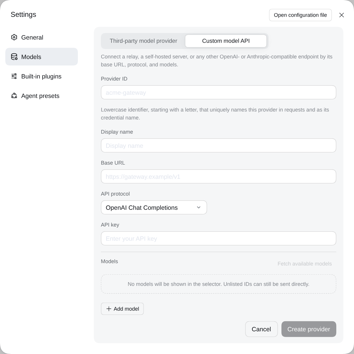 Форма Custom model API: поля Provider ID, Display name, Base URL, выпадающий список API protocol, поле API key, пустой список моделей и кнопка Fetch available models