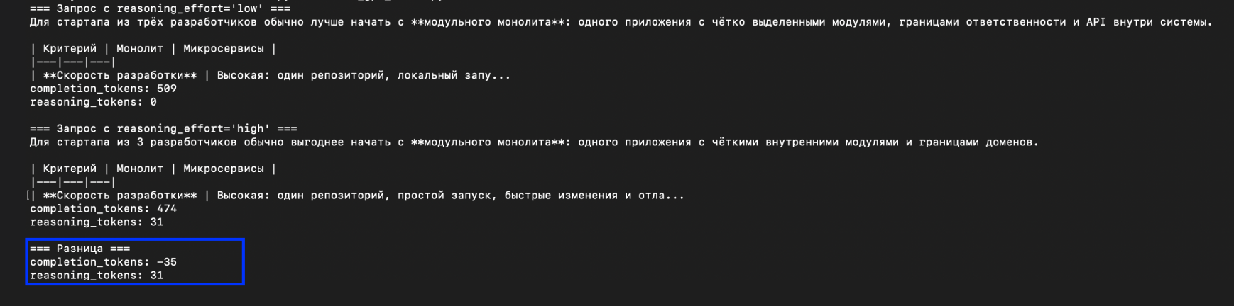 Результаты управления глубиной рассуждений GPT-5.6-terra через RouterAI с параметром reasoning_effort. При low reasoning_tokens=0, completion_tokens=589. При high reasoning_tokens=31, completion_tokens=474. Разница: -35 completion, +31 reasoning — модель сжимает ответ за счёт внутренних рассуждений.