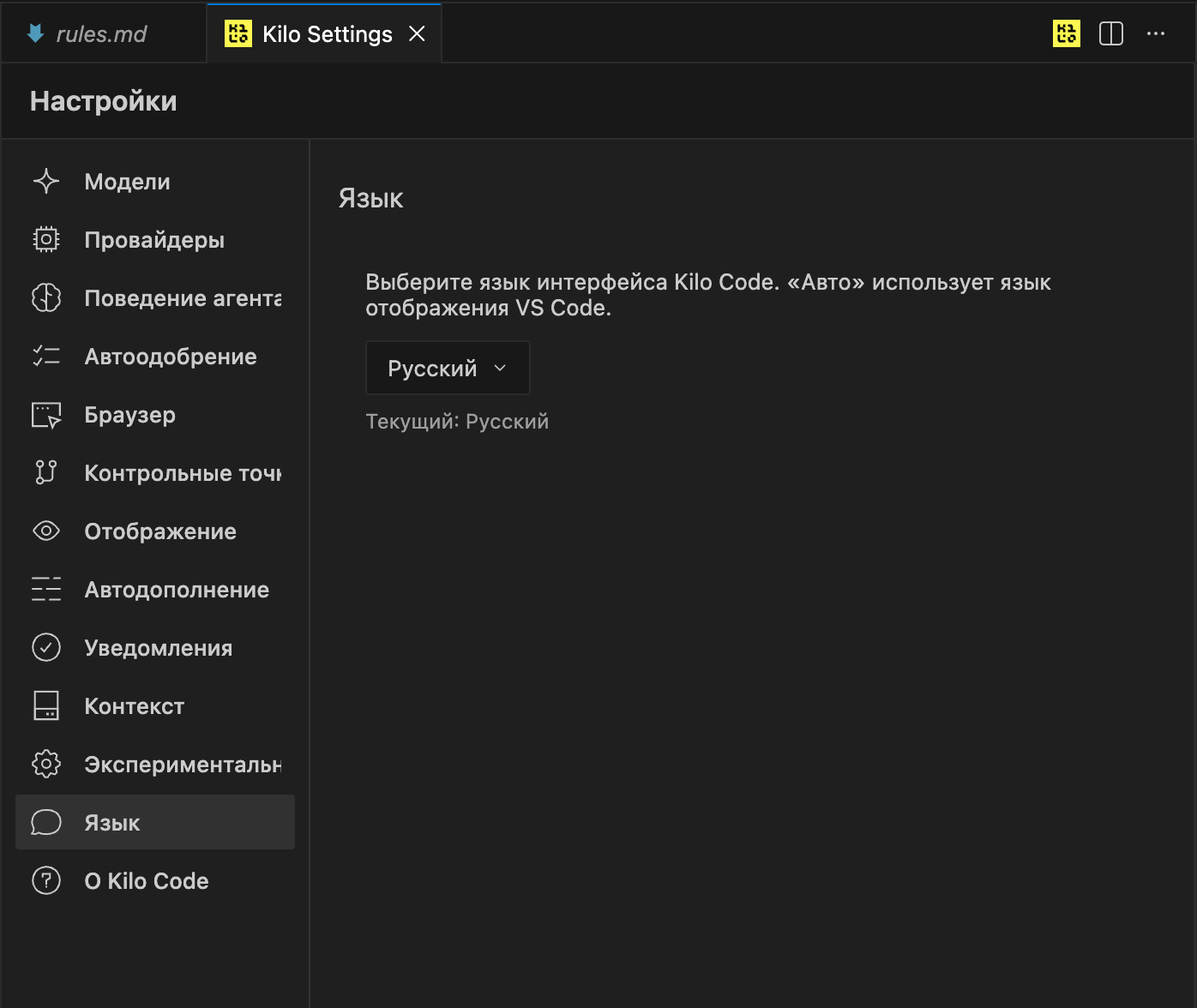 Смена языка в Kilo Code перед настройкой пользовательского провайдера и подключением RouterAI в VS Code: раздел «Язык» с выбором русского языка