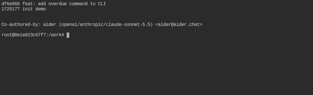 История git после сессии aider: коммит feat: add overdue command to CLI и строка Co-authored-by: aider (openai/anthropic/claude-sonnet-5.5)