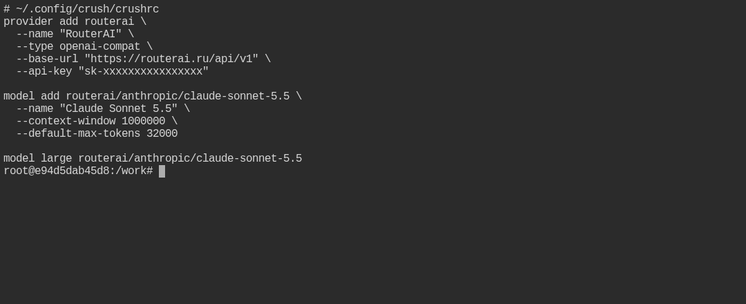 Файл crushrc: провайдер routerai с Base URL https://routerai.ru/api/v1, API-ключом-заглушкой и моделью Claude Sonnet 5.5