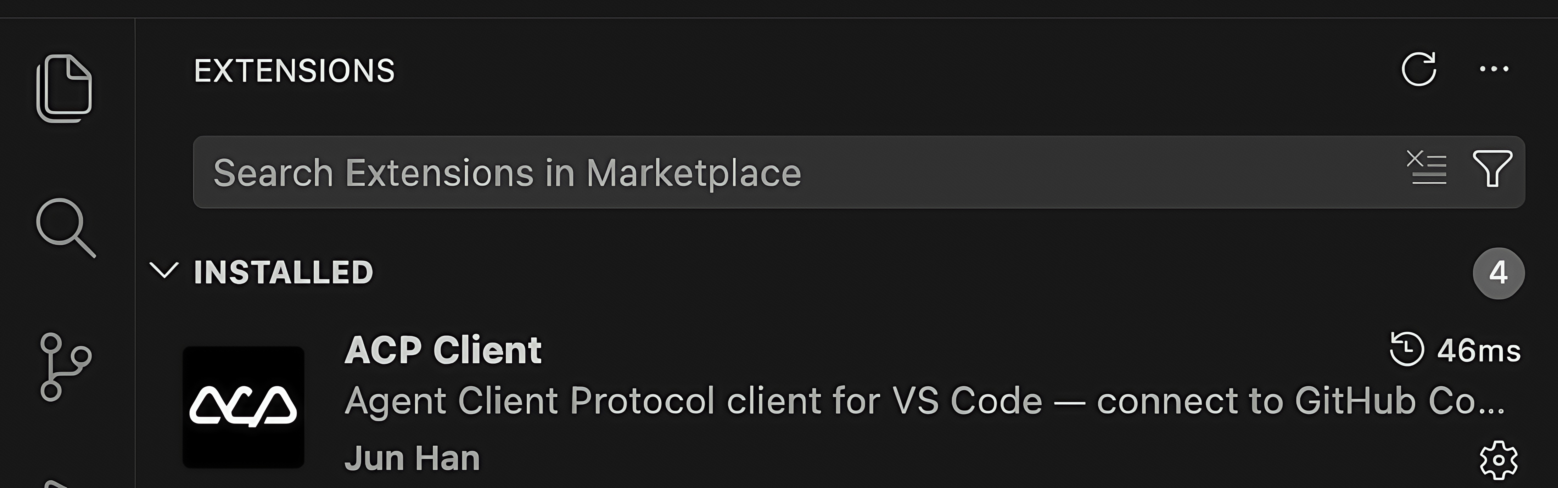 Окно VS Code с открытым разделом расширений (Extensions). В списке установленных расширений выделено ACP Client (автор Jun Han): клиент для работы с агентами по протоколу Agent Client Protocol. Расширение отмечено как установленное и готовое к использованию.