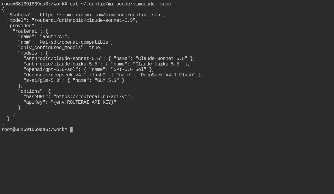 Файл ~/.config/mimocode/mimocode.jsonc с блоком provider.routerai