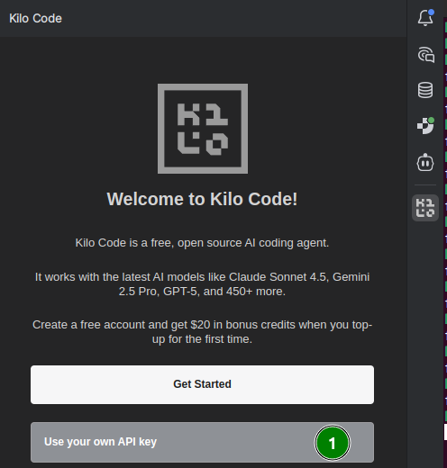 Выбор режима Use your own API key в настройках Kilo Code в IntelliJ IDEA