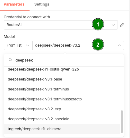 Выбор модели из RouterAI для AI agent в n8n