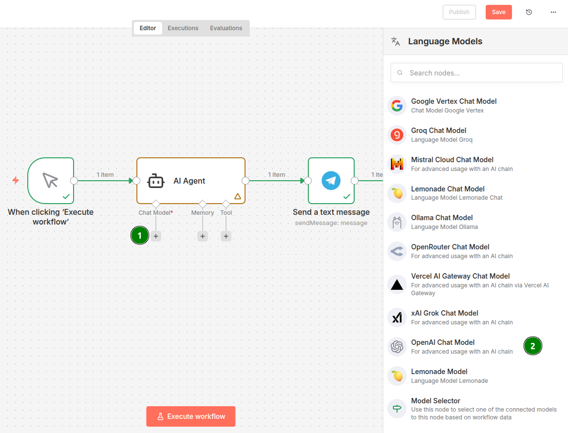 Добавляем Chat model в блок Ai Agent для подключения через RouterAI