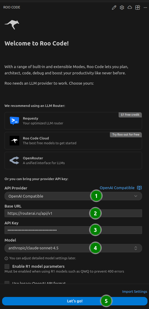 Настройка API провайдера в Roo Code: подключение OpenAI Compatible через RouterAI