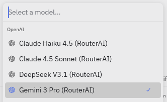 Выбор AI модели routerai в редакторе zed